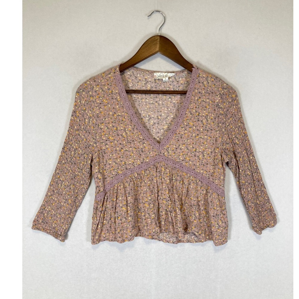 Cottagecore Hippie Rose Med Dusty Rose Floral Lace‎ Trim Babydoll Top T1W20583
